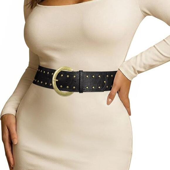 Wide Chunky Studded Leather Belt – 2.3” Vintage Waist Belt with Brass Buckle main image 10